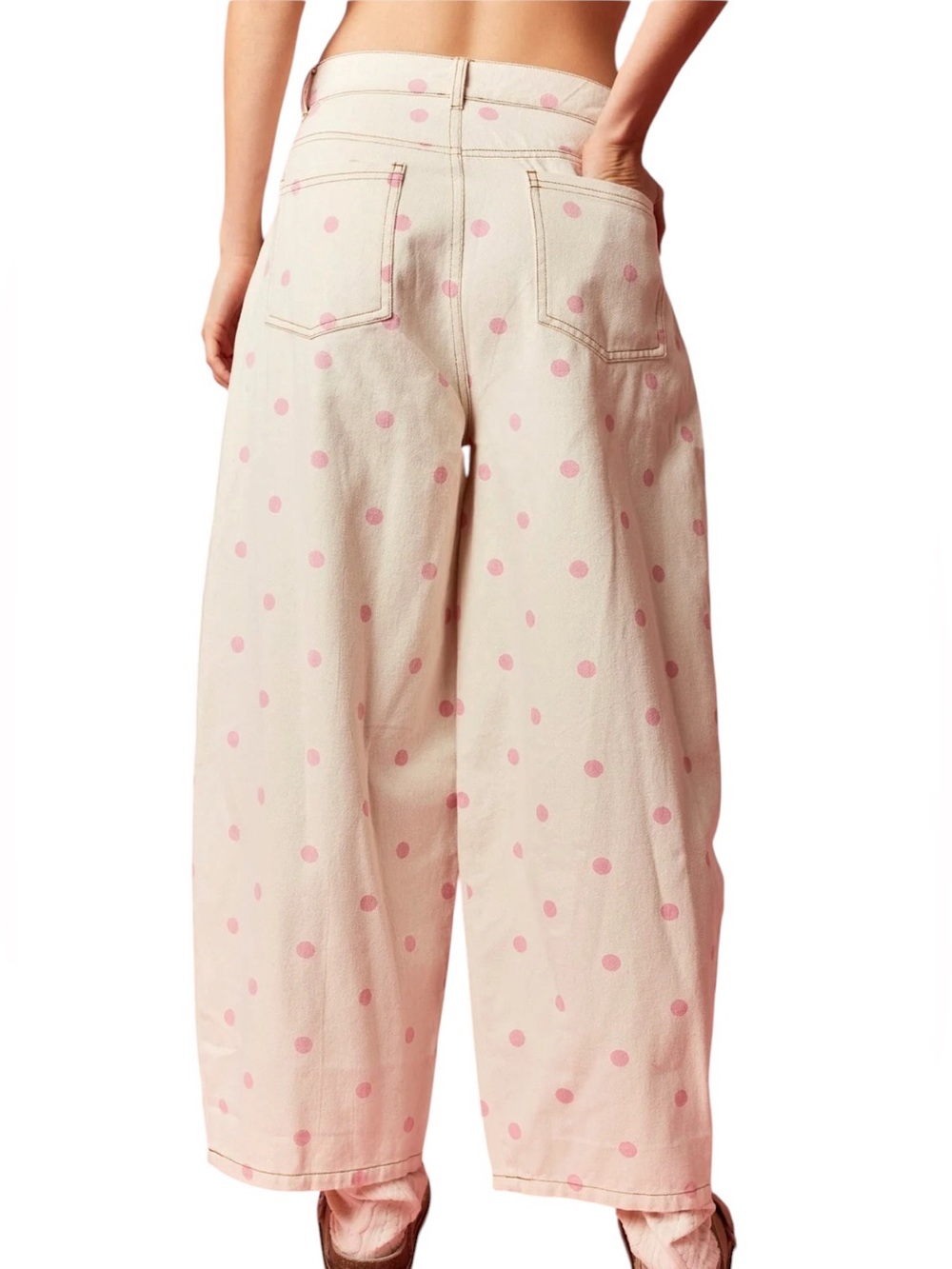 NEW Peach Love Barrel Jeans L Baggy Wide Leg Campus Closet Polka Dots - Picture 5 of 12